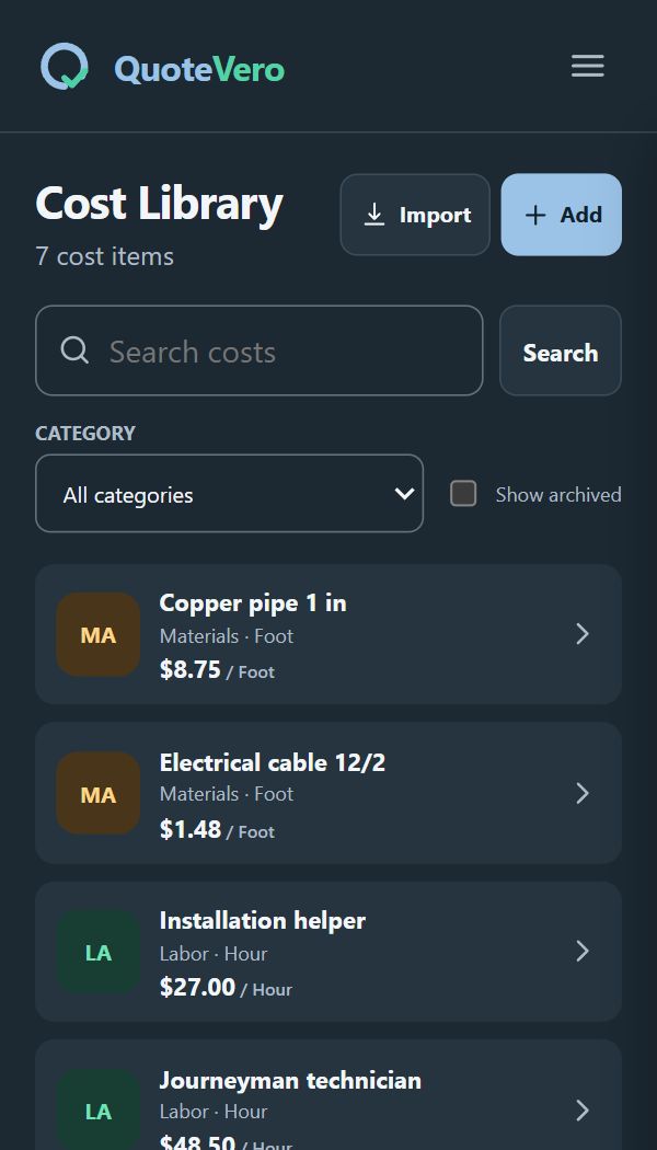 Cost library screen